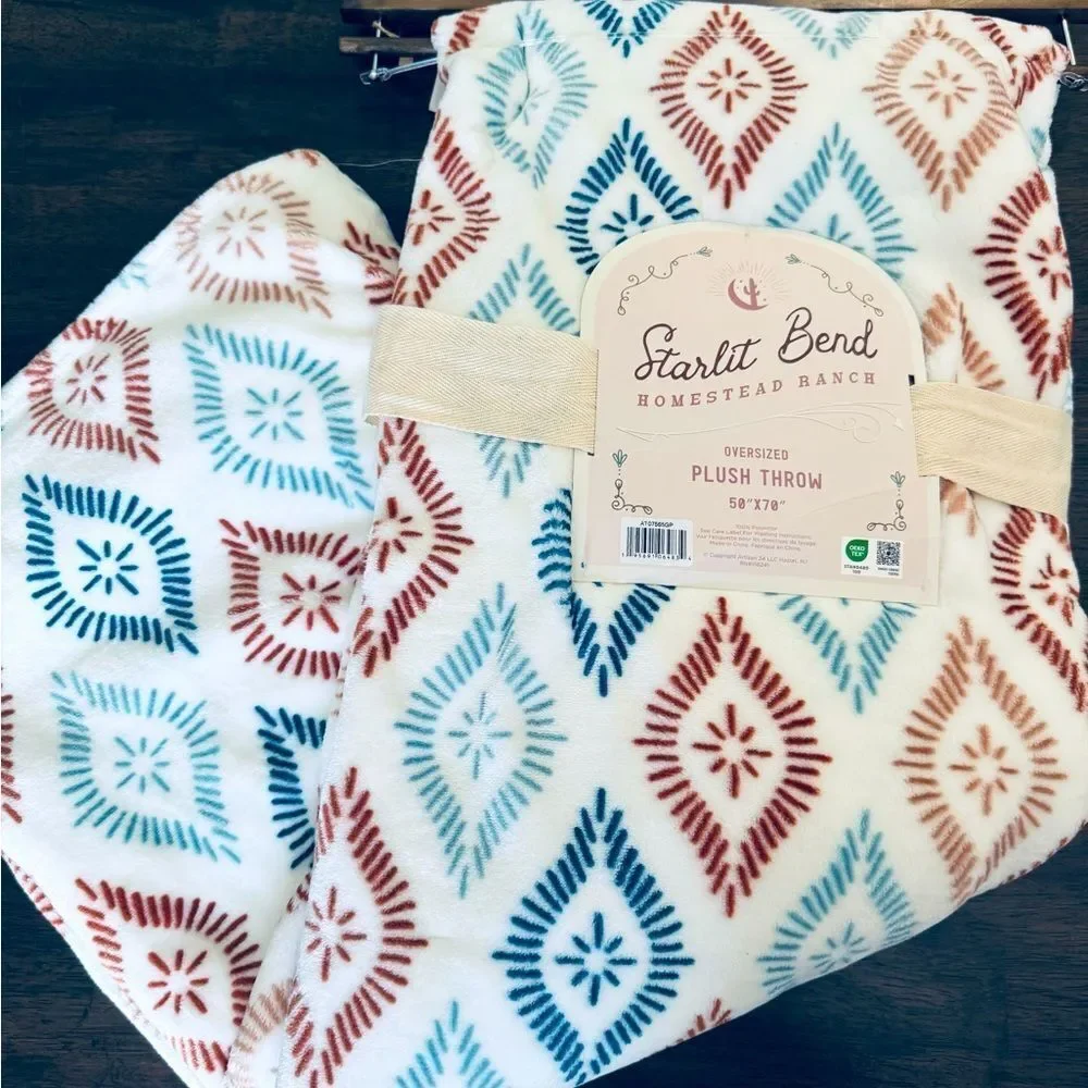 Boho Plush Western Brown Blue Print Oversize Throw Blanket